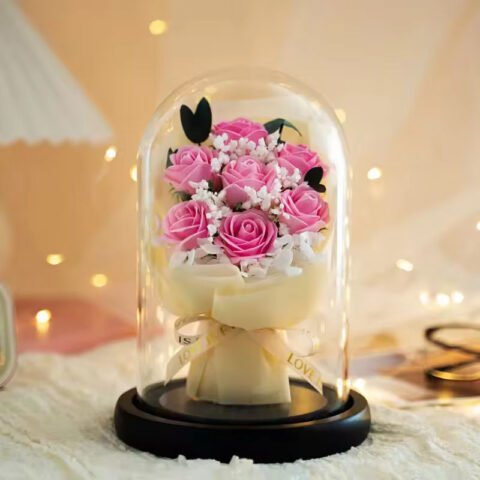Luxury Pink Rose Glass Dome Decorative Showpiece