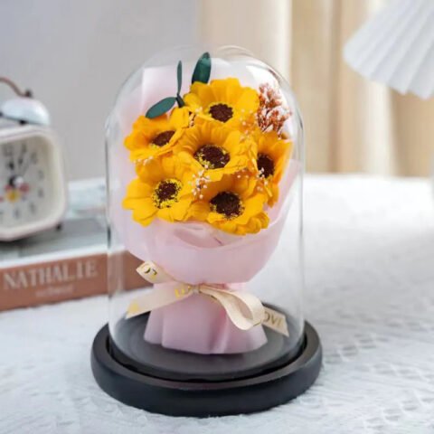 Luxury Yellow Rose Glass Dome Decorative Showpiece